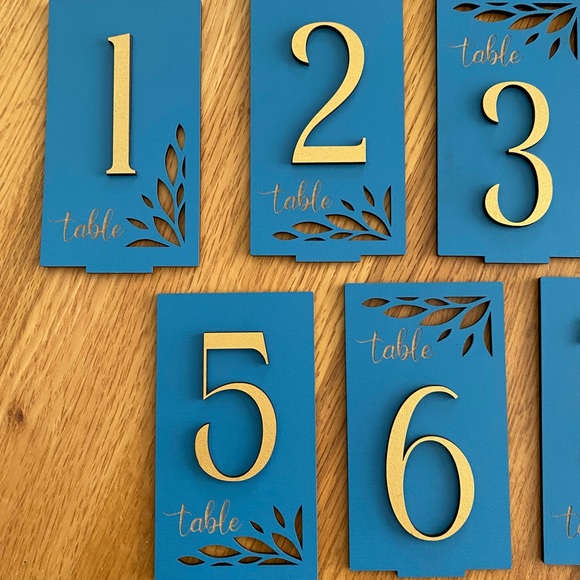Wooden Table Numbers 1-7 Standing, Handmade, Blue and Gold, for Events/ Weddings - Picture 6 of 9